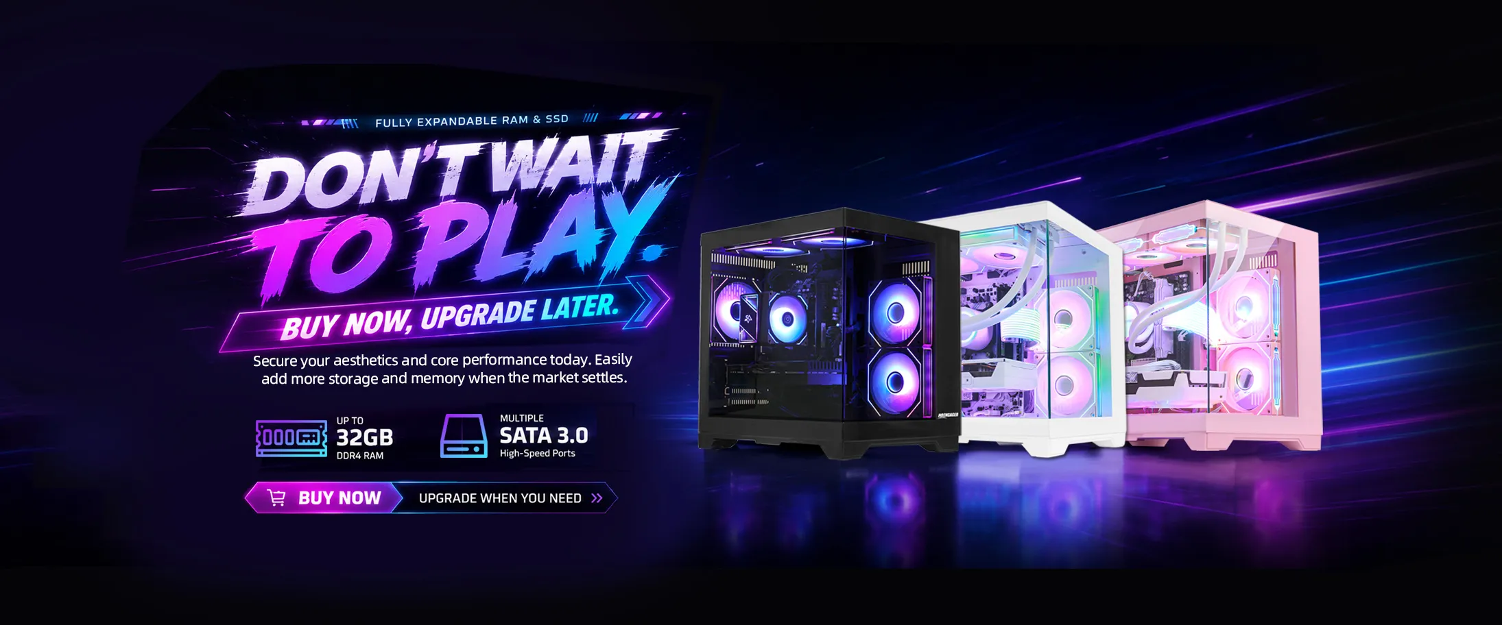 HOENGAGER gaming PC promotional banner highlighting upgrade-ready gaming systems