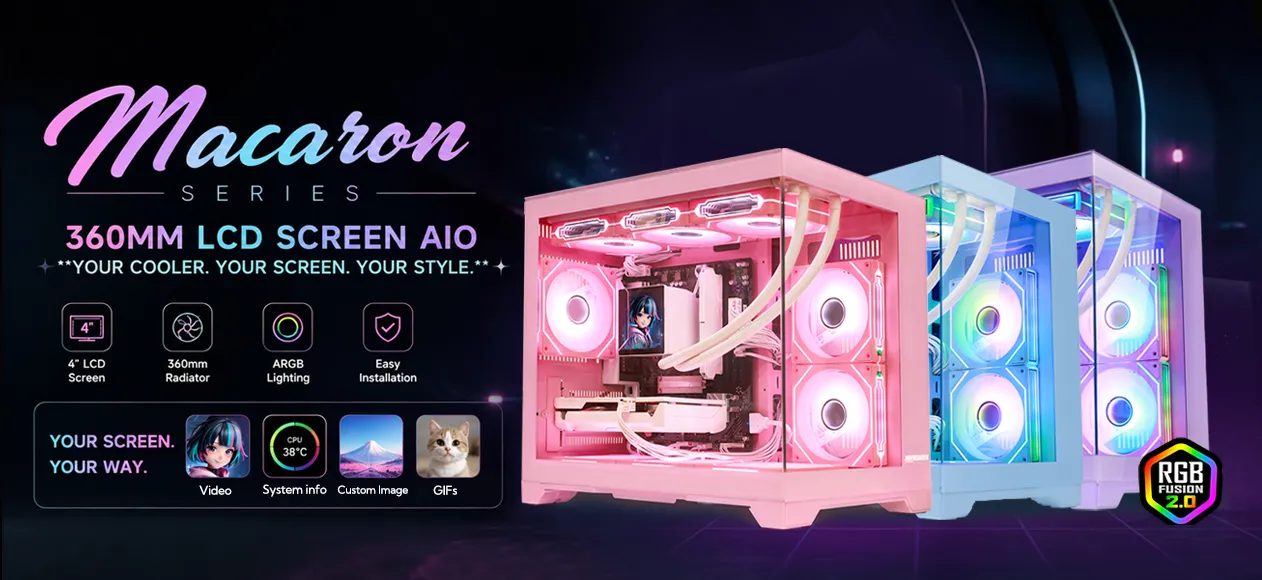 HOENGAGER Macaron Series aesthetic gaming PC with colorful case design and RGB liquid cooling
